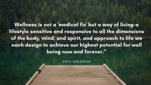 Wellness is not a 'medical fix' but a way of living-a lifestyle sensitive and responsive to all the dimensions of the body, mind, and spirit, and approach to life we each design to achieve our highest potential for well being now and forever.”